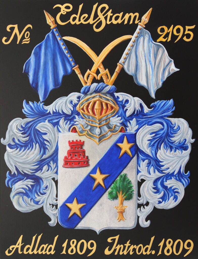 Riddarhussköld för ätten Edelstam nummer 2195. Adlad 1809, målad av Leif Ericsson 2026.